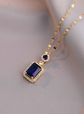 项链女 日韩风新款宝石蓝水晶时尚网红锆石耳钉复古气质钛钢项链