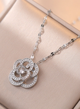 项链女 网红茶花新款玫瑰花钛钢满钻女花朵气质时尚吊坠锁骨项链