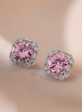 项链女网红璀璨蔷薇粉宝石耳坠套装公主粉方锆石耳环璀璨满钻项链