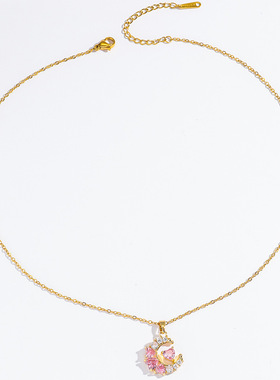 项链女 网红同款粉色月亮设计钛钢爱心锆石耳环套装饰品跨境项链