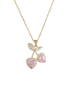 项链女网红日韩风项链樱桃时尚设计气质粉色锆石锁骨链甜美锁骨链