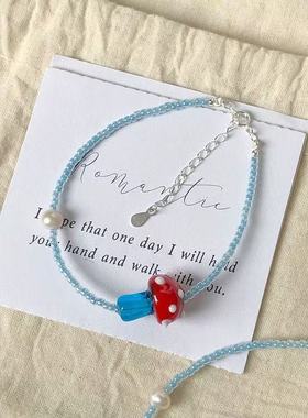 眼观S925银撞色琉璃蘑菇项链