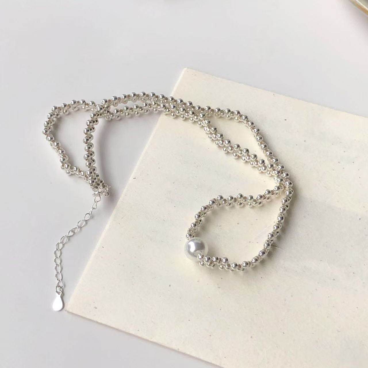 眼观S925银仿珍珠银珠编织项链百搭简约小众设计气质高级感锁骨链,淘宝优惠券,粉丝福利购,淘宝优惠卷