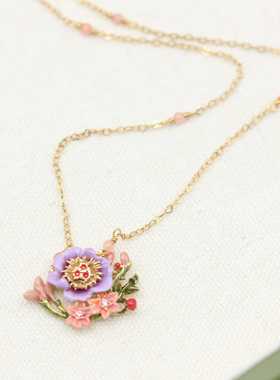 欧美手工打造珐琅釉系列高级感设计女士项链紫色花 可爱系锁骨链