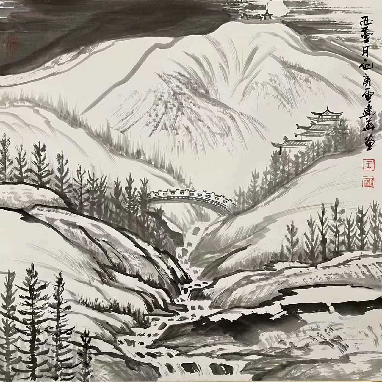 新中式装修国画山水风景餐厅客厅卧室风水招财斗方五台山夜色挂画 - 图3