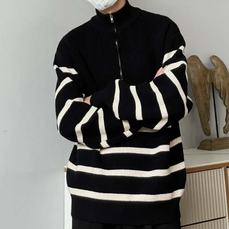 半高拉链领毛衣男秋冬季条纹针织打底衫港风潮牌休闲针织线衣上衣,淘宝优惠券,粉丝福利购,淘宝优惠卷