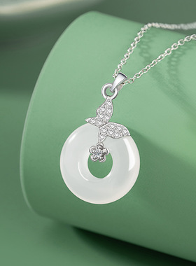 蝴蝶纯银925玉髓项链女时尚百搭款平安扣锁骨链ins风花朵锆石