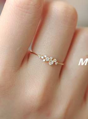S925纯银镀14K黄金戒指日系小清新百搭叠戴尾戒碎碎锆钻女戒指环