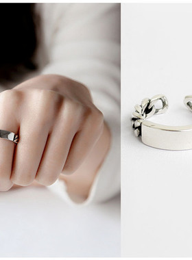 日韩国925纯银黑玛瑙开口食指小戒指女复古泰银麻花欧美饰品潮人