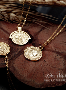 纯银欧美项链女ins人像圆牌硬币复古金币钱币锁骨链长款毛衣链潮