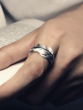 日韩羽毛s925纯银戒指男女情侣手工开口食指学生尾戒简约文艺原创