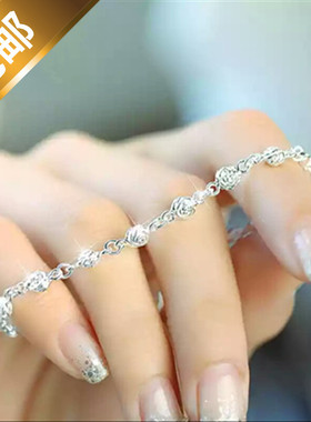 纯银手链女玫瑰花日韩简约圆珠生日礼物送闺蜜手饰