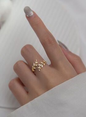 小清新镶钻树叶树枝开口纯银女戒时尚金色气质冷淡风简约调节戒指