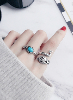 纯银复古戒指女日韩潮人学生个性简约创意开口大气宽面链条食指戒