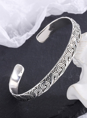 复古做旧浪花纯银手镯女时尚简约冷淡风手饰品潮流祥云海浪镯子