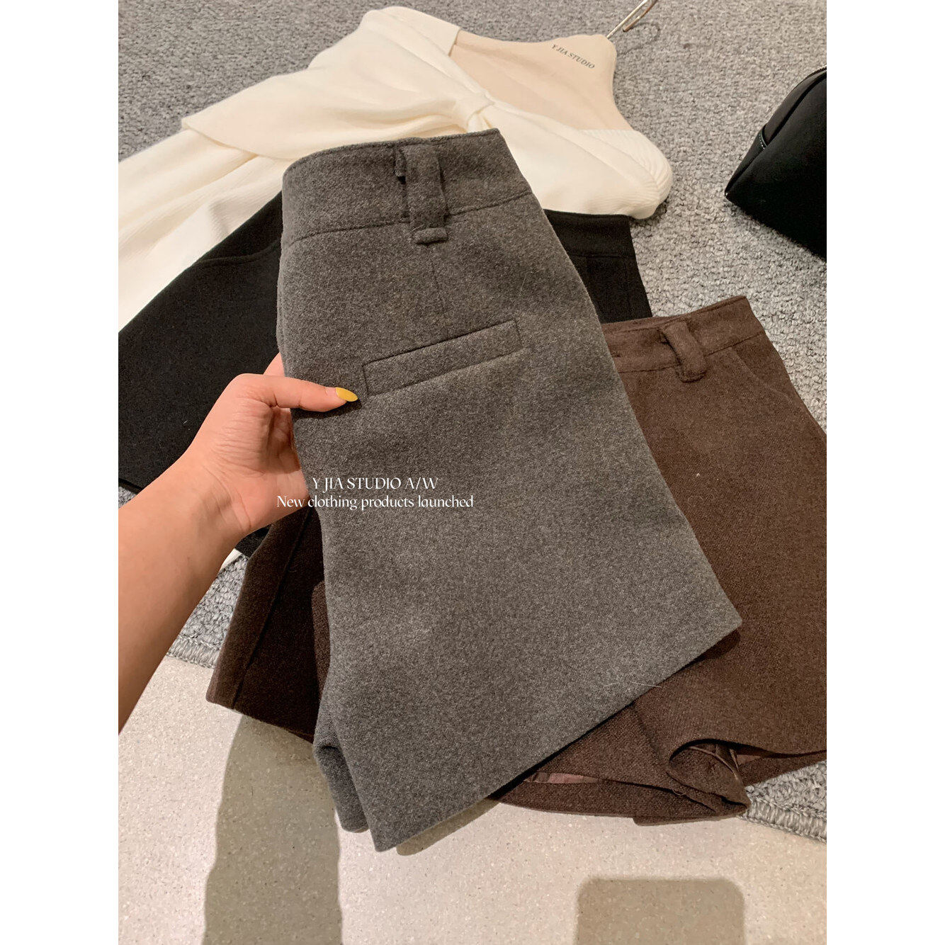 Y.JIA 伊嘉秋冬新款高腰显瘦直筒百搭休闲纯色毛呢休闲短裤西裤女,淘宝优惠券,粉丝福利购,淘宝优惠卷