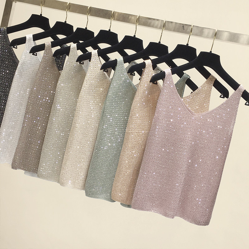欧洲站针织烫钻亮丝bling女打底衫 杜彩背心吊带