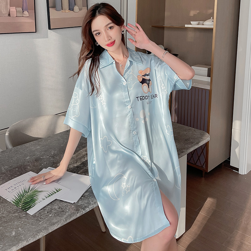 冰丝夏季短袖性感衬衫凉感睡裙 美舒丽睡裙