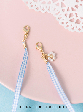 蓝白格子长款吊坠学生INS口罩链