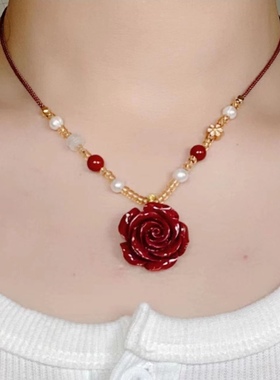 天然朱砂玫瑰花项链女紫金砂吊坠女款甜美本命年不掉色女饰品