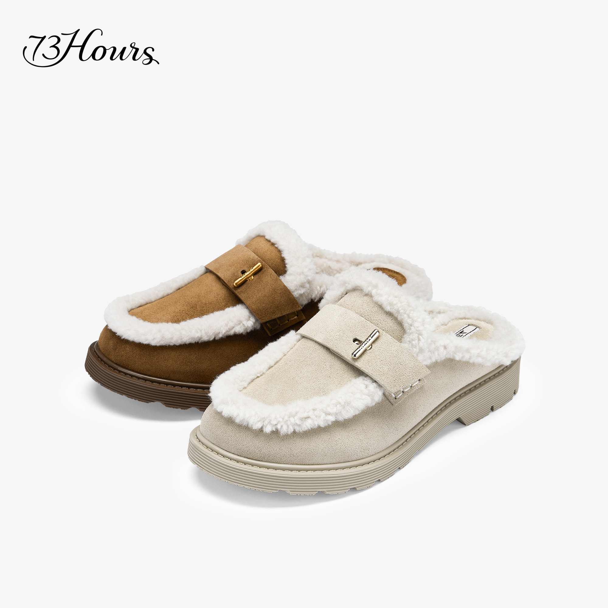 73hours女鞋毛绒派对秋冬新款保暖加绒包头毛毛拖鞋一脚蹬穆勒鞋 - 图0