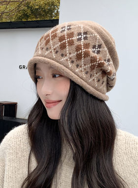 韩系复古淩格提花堆堆帽子女秋冬