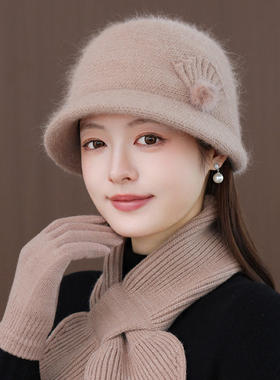 新款加绒兔毛奶奶保暖棉帽洋气女