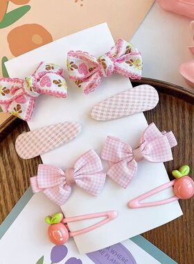 8PC New Cute Pink Color Basic Snap Clips Baby Plaid Bowknot