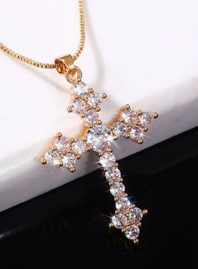 Women Hip Hop Zircon Cross Shiny Pendant Stainless Steel Nec