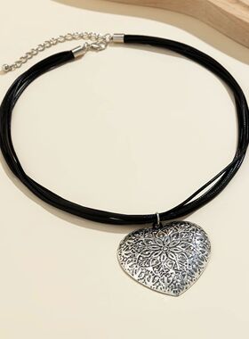 Layered Black Rope Chains with Big Heart Pendants Necklace f