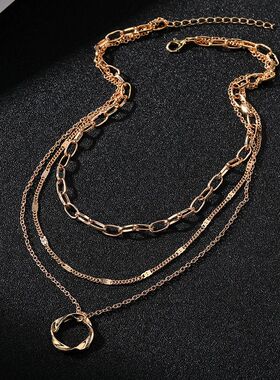 Gold Color Multi Layered Chains Necklace for Women Girls Cir