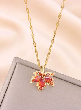 Gorgeous White Red Maple Leaf Copper Zircon Pendant Women's