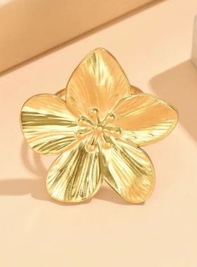 Elegant Stainless Steel Gold Color Big Bloom Flower Rings fo
