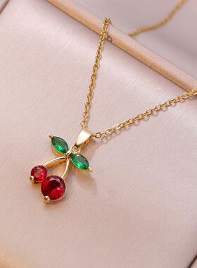 Stainless Steel Cute Sweet Red Crystal Cherry Fruit Pendant