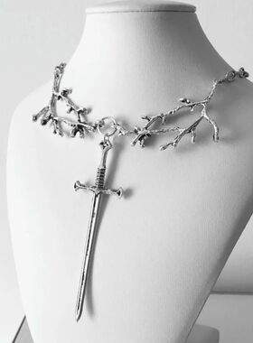 Personality Punk Vintage Tree Branch Sword Cross Pendant Nec