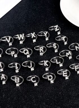 Zircon A-Z Letter Ring For Women Metal Adjustable Opening Ri