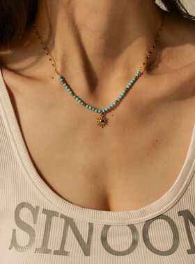 Bohemia Stainless Steel Turquoise Sun Pendant Necklace For S