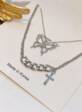Punk Cuban Double Layer Big Butterfly Pendant Necklace Silve