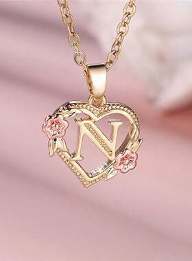 Female A-Z Letter Flower Pendant Necklace Yellow Gold Color
