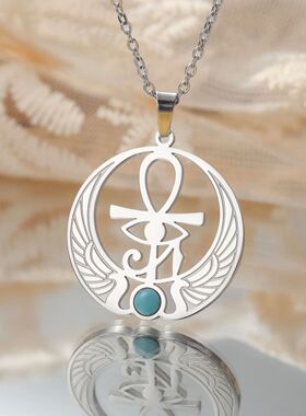 Horus Eye Cross Necklace Stainless Steel Round Blue Gemstone