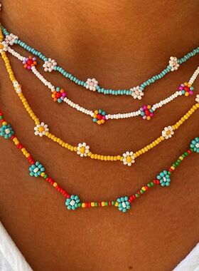 Boho Handmade Rice Beads Summer Beach Flower Beaded Chain Ne