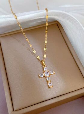 Luxury Shiny Pink Black Clear Zircon Cross Pendant Necklaces