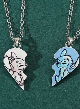 Disney-Stitch Heart Necklace for Couple Gold and Silver Colo
