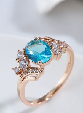 Shiny Blue Oval Natural Zircon Rings For Women Peach Heart C
