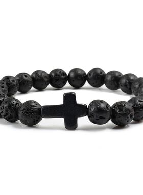 Charm Natural Stone Bracelet Cross Black Lava Matte Beaded B