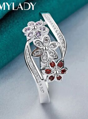 Red Zircon Flower Ring For Women Wedding Charm Engagement Fa