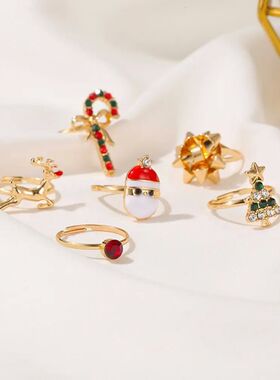 6pcs Fashion Deer Santa Claus Christmas Ring Holiday Adjusta