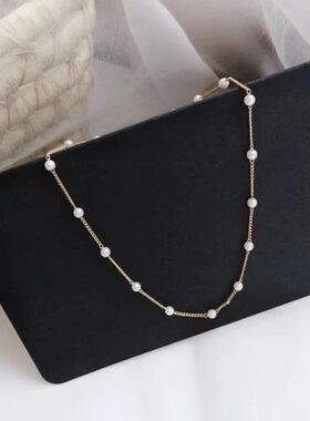 Beads Women's Neck Chain Kpop Pearl Choker Necklace Gold Col