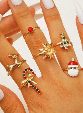 Christmas Ring Set,Elk,Candy umbrella handle,Christmas hat,C