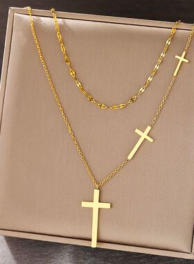 Stainless Steel Necklaces Cross Pendant Choker Double Stacke